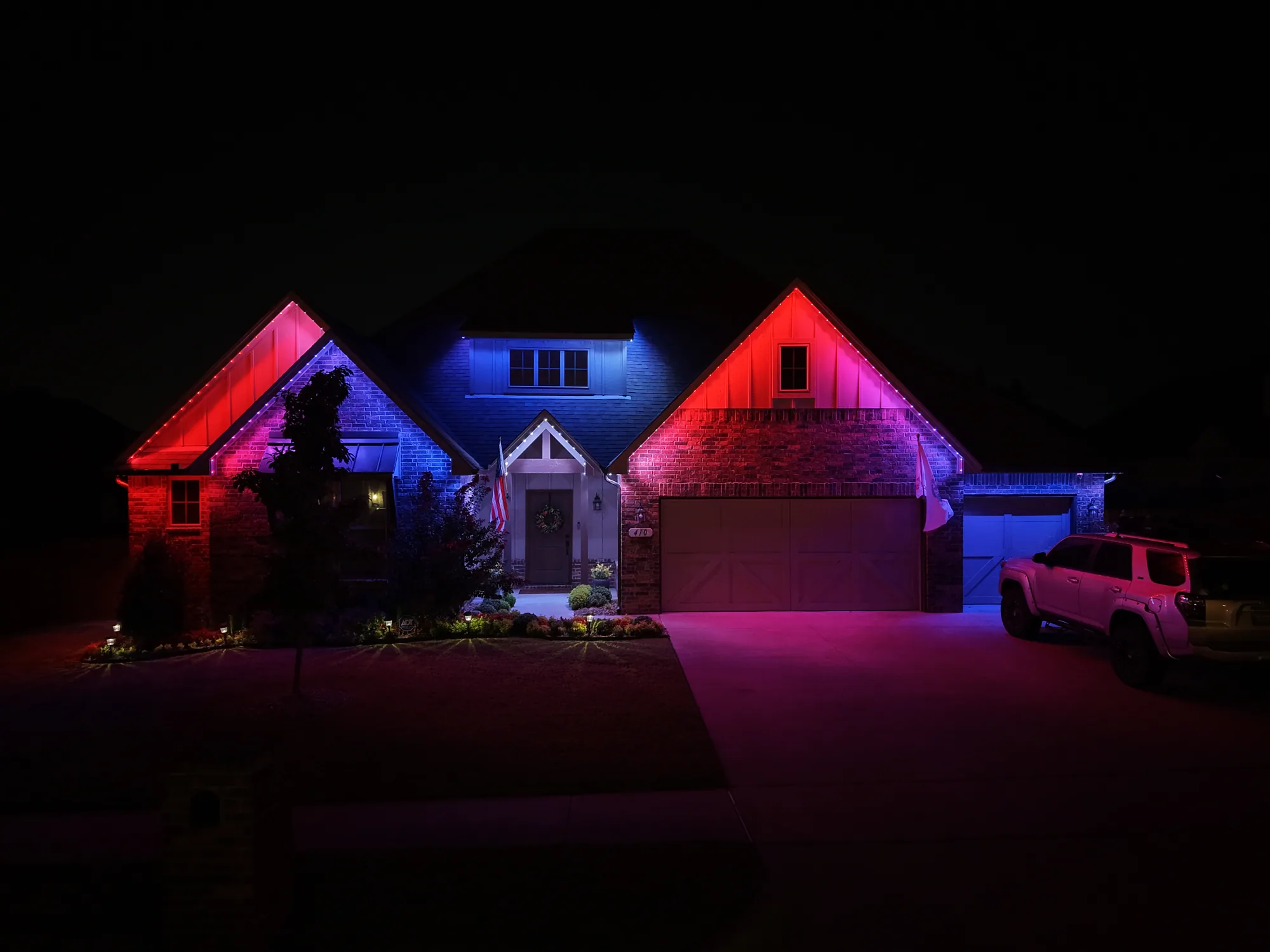 Roofline gables running pink and blue
